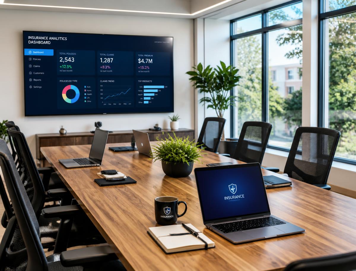 Sala de reunião com notebooks, computadores e TV para análise técnica de apólices