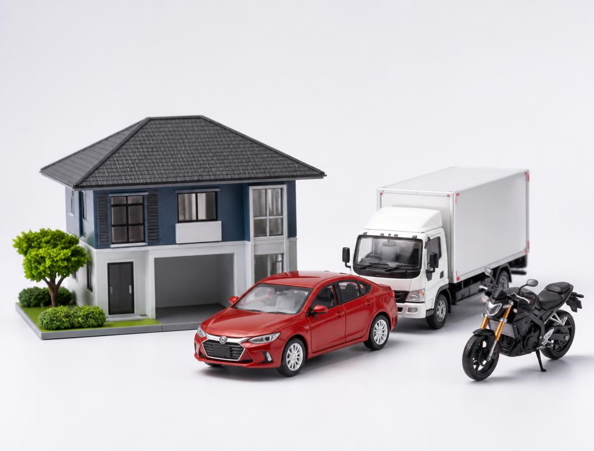 Miniaturas de casa, carro, caminhão e motocicleta representando consórcios