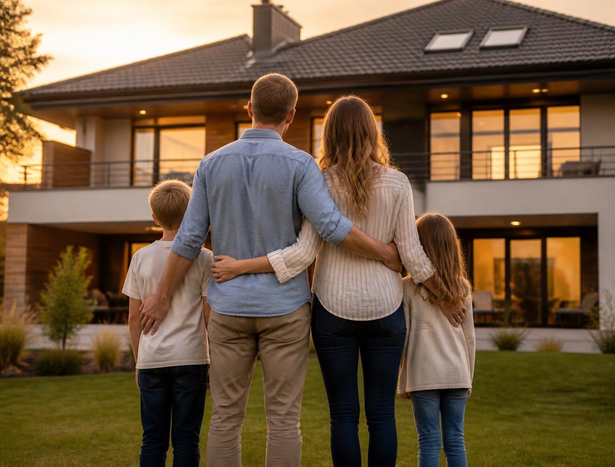 Família de costas observando sua casa ao entardecer