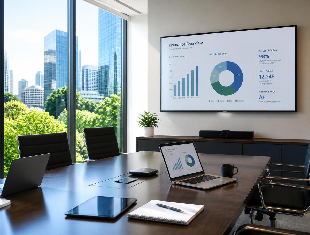 Escritório moderno com notebooks, monitores e TV com indicadores
